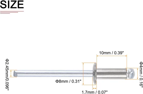 Miniatura 2 de DTGN Remaches ciegos de 0.126 in x 0.197 in (DxL) – Paquete de 100 – Bueno para la unión de maquinaria – Remache de extremo abierto de cúpula