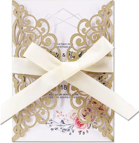 Miniatura 9 de 50 invitaciones de boda cortadas con láser con sobres con purpurina y cintas, tarjeta en blanco personalizada, invitaciones para quinceañera, Oro
