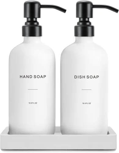 Prus Waso Juego de dispensador de jabón de cocina, dispensador de jabón blanco con bomba de acero inoxidable negro, perfecto para decoración moderna