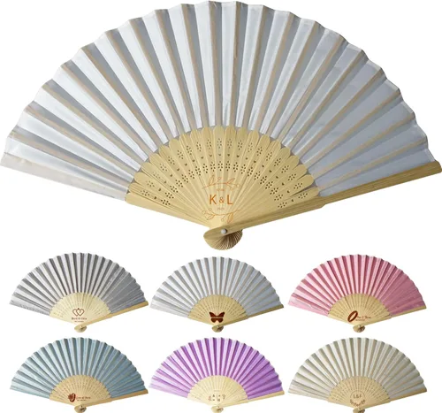 Miniatura 14 de Abanicos de mano personalizados a granel ventiladores de seda personalizados con grabado en el mango, regalos de fiesta, abanicos plegables vienen