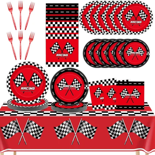 98 piezas de suministros de fiesta de coches de carreras rojos, servilletas, manteles de carreras, juego de vajilla de carreras con bandera a