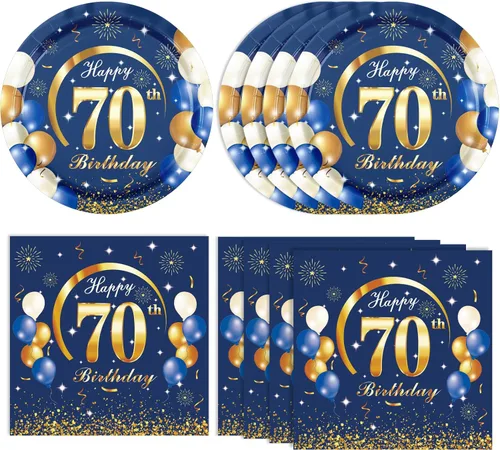 40 piezas de decoración para el 70 cumpleaños de hombres, azul marino y dorado, decoración de fiesta de cumpleaños feliz, incluye platos y