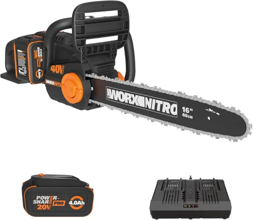 Worx Nitro - Motosierra inalámbrica sin escobillas de 16 pulgadas y 40 V, batería de 4.0 Ah y cargador incluidos WG385
