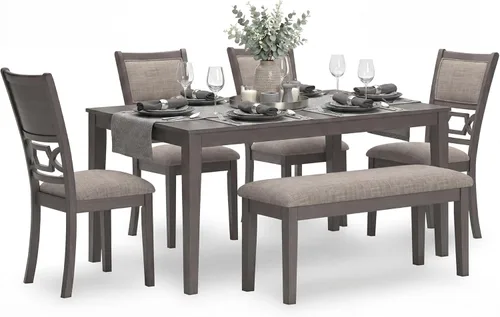 Signature Design by Ashley Wrenning - Juego de mesa de comedor con estampado de diamantes, 4 sillas tapizadas y banco, asientos para 6, madera, gris