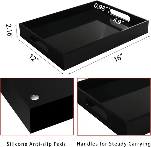 Miniatura 3 de Tasybox Bandeja negra para servir, bandejas decorativas de acrílico con asas para cocina, comedor, mesa otomana, tocador, encimera, 16 x 12 pulgadas