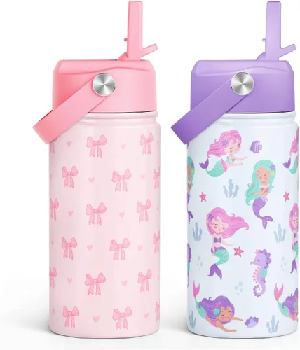 Miniatura 28 de SANDJEST Botella de Agua para Niños con Tapa de Pajita - 12 Oz Botella de Acero Inoxidable Aislada con Dibujo de Animales para Niños y Niñas - Taza