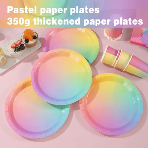 Miniatura 2 de Decoraciones de cumpleaños arcoíris para niñas, platos y servilletas arcoíris pastel, 200 unidades, platos y servilletas de cumpleaños para niñas