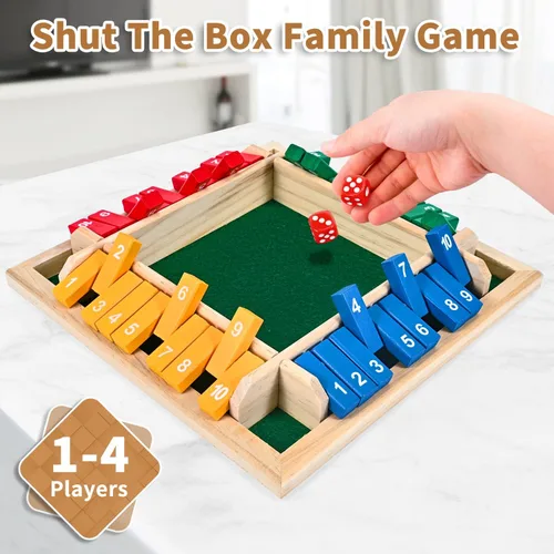 Miniatura 8 de Juego de dados Shut The Box para 1 a 4 jugadores, 10 números de madera tradicional, tablero de bar de pub familiar, juego de dados para adultos