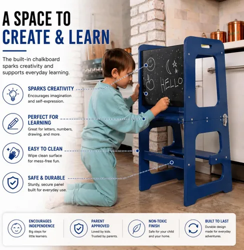 Miniatura 6 de Avenlur Date 4 en 1 Montessori - Taburete plegable de aprendizaje, escritorio, silla y pizarra Madera maciza, extra estable, rieles de seguridad