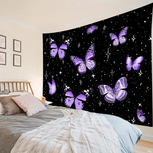 Miniatura 9 de LB Tapiz de mariposa colorido para colgar en la pared, diseño de mariposas de insectos sobre fondo negro, tapiz hippie de fantasía para dormitorio