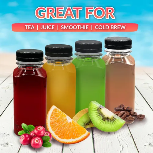 Miniatura 6 de Reli. Botellas de plástico para jugos [48 unidades] Botellas cuadradas de plástico para jugo de 8 onzas con tapas y etiquetas adhesivas