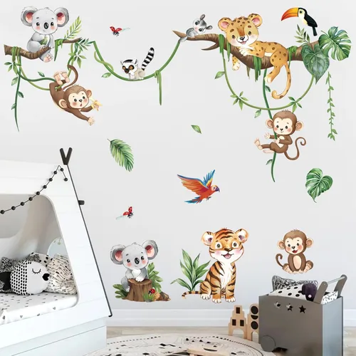 Miniatura 3 de decalmile Calcomanías de pared de rama de árbol de animales de selva, safari animal, mono, koala, calcomanías de pared para bebé, guardería