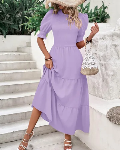 Miniatura 145 de BTFBM Vestidos para mujer, cuello redondo, casual, de verano, con volantes, manga corta, bohemio, con niveles, fruncido, largo, con estampado floral
