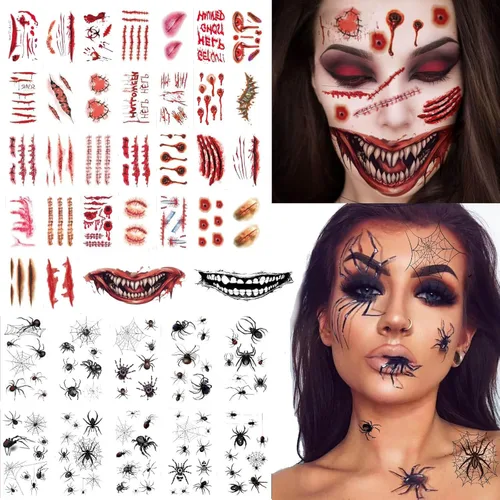 42 hojas de telaraña 3D y tatuajes temporales de cicatriz falsa, kit de maquillaje de Halloween, bruja zombi, realista, falso murciélago, tatuajes