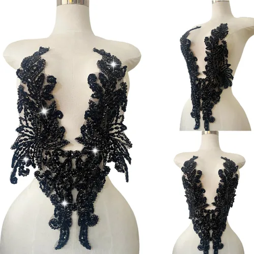 Apliques de diamantes de imitación puros cosidos a mano, parche multicolor, accesorios de manualidades para vestido de novia de niña, 14 x 20 Negro