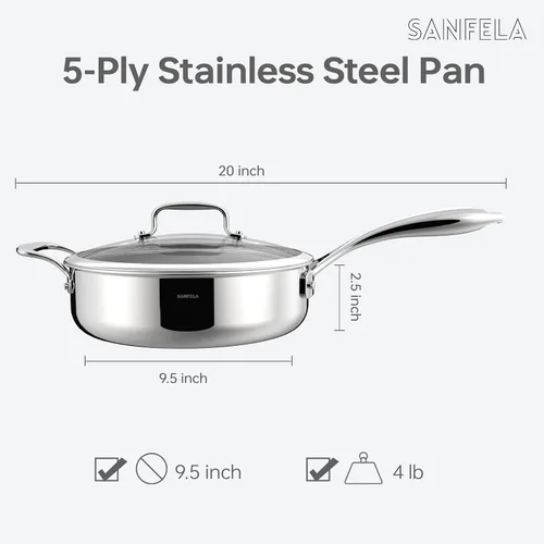 Miniatura 2 de Sartén de 10 pulgadas de profundidad, 2.8 cuartos de galón de acero inoxidable de 5 capas con tapa de vidrio, compatible con todas las estufas, apto