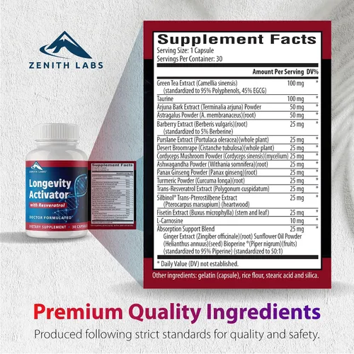 Miniatura 6 de Zenith Labs Suplemento dietético activador de la longevidad, antioxidantes naturales con resveratrol, apoya la función inmune y la memoria saludable