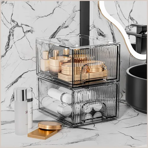 Miniatura 6 de ZHIAI Paquete de 2 organizadores de cosméticos apilables transparentes, cajón acrílico, organizador de plástico para tocador, tocador, armario