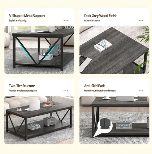 Miniatura 6 de FOLUBAN Mesa de centro con almacenamiento, mesas centrales pequeñas modernas para espacios pequeños, mesa de cóctel de madera rústica y metal