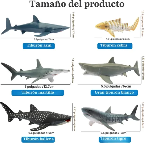Miniatura 3 de Toymany 6 figuras realistas de juguete de baño de tiburón de 5 a 6 pulgadas de largo, juego de figuras de plástico de animales marinos del océano