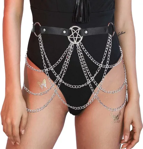 Miniatura 4 de Asooll Cinturón de cuero punk, cadena de cintura negra, cadena de cuero de moda, joyería de cintura de cuero, bikini, playa, club, fiesta
