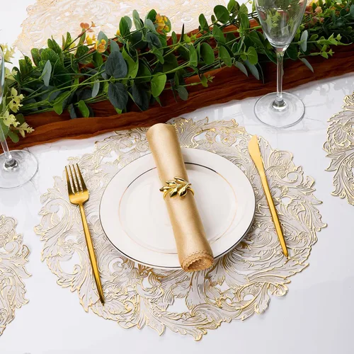 Miniatura 5 de Juego de 6 manteles individuales redondos dorados, manteles individuales de vinilo prensado floral lavable para mesa de comedor, boda, decoración