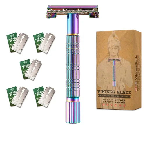 Miniatura 9 de VIKINGS BLADE Maquinilla de afeitar de seguridad para mujer + 5 cuchillas de acero suecas. Cabezal de liberación rápida, doble filo. Suave, Oro rosa