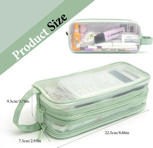 Miniatura 6 de Estuche grande de malla de malla con 2 compartimentos, bolsa transparente para lápices con cremallera, bolsa de papelería transparente multifunción