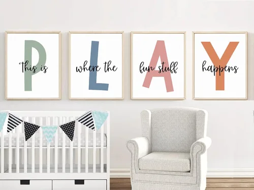 Miniatura 3 de Arte de pared para sala de juegos para niños, decoración de pared para habitación de niños, impresión en lienzo para sala de juegos para bebés