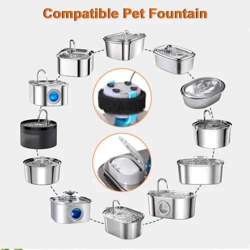 Miniatura 2 de Filtros de fuente de agua para gatos, 4 filtros+4 filtros de repuesto de esponja para 108/3.2L y 67oz/2LDispensador de agua de acero inoxidable