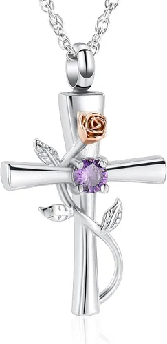 Miniatura 18 de shajwo Collar de Urna en Cruz para Cenizas con Piedra de Nacimiento Rosa Flor Joyería de Cremación para Mujeres Niñas Recuerdo Memorial Colgante