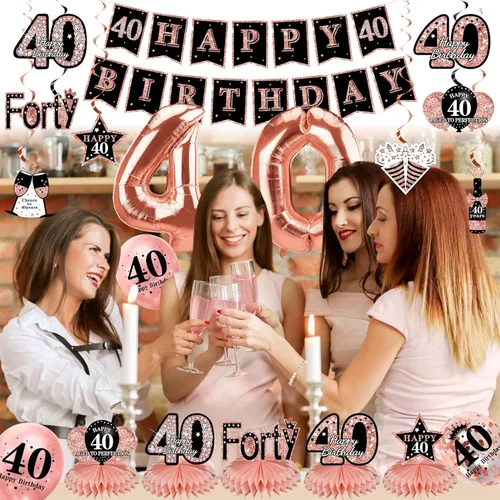 Miniatura 5 de Turypaty Kit de 34 piezas de decoración de cumpleaños 40 para mujer, globos de feliz cumpleaños de 40 años de oro rosa, centro de mesa, kit