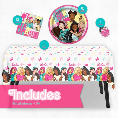 Miniatura 2 de Decoraciones de fiesta de cumpleaños de Barbie Decoraciones de fiesta de Barbie Sirve para 16 invitados Con licencia oficial Mantel, platos