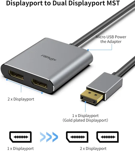 Miniatura 3 de fairikabe Adaptador divisor DisplayPort a Dual DisplayPort 4K60Hz para pantalla de monitor doble, adaptador de puerto de pantalla MST Extend Display
