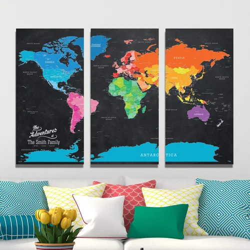 Miniatura 16 de 3 paneles - Mapa de viaje colorido del mundo con alfileres en lienzo envuelto en galería, mapa de pared grande