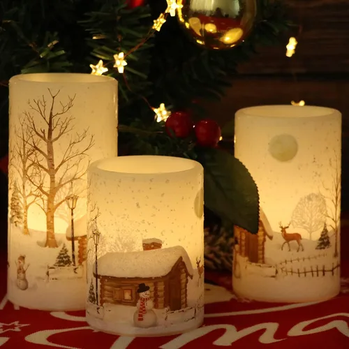 Miniatura 6 de Eldnacele Velas de Navidad sin llama con muñeco de nieve, parpadeantes, con temporizador de ciclo diario automático, velas LED de pilas blancas