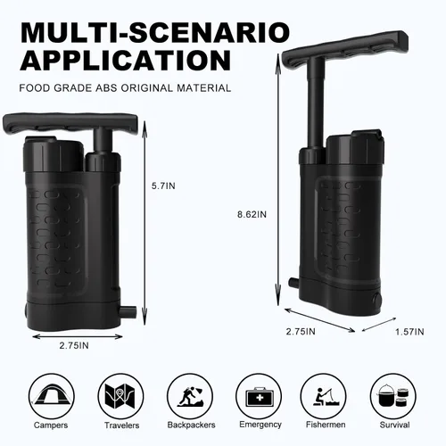Miniatura 5 de Bomba de filtro de agua portátil, purificador de agua de supervivencia manual de 0.01 micrones para camping, senderismo, mochilero, emergencia
