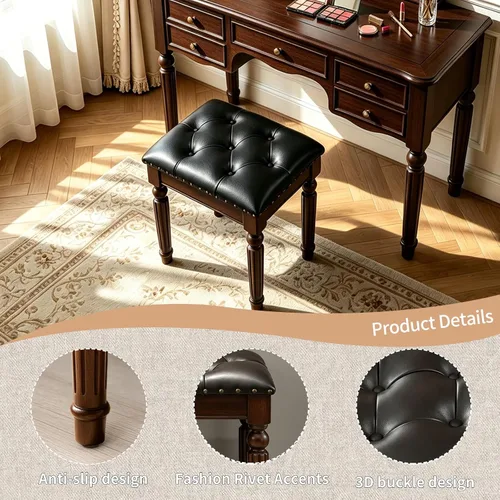 Miniatura 5 de Taburete de tocador blanco con asiento de cuero copetudo y patas de madera maciza talladas, banco de tocador de fácil montaje, taburete
