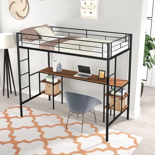 Miniatura 3 de Escritorio y estantes de metal tamaño individual, cama alta de metal con escritorio y estantes de almacenamiento, marco de cama que ahorra espacio