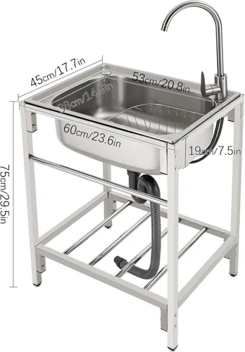 Miniatura 2 de Fregadero de cocina de acero inoxidable con soporte, fregadero de lavandería simple para el hogar con grifo, lavabo multiusos independiente