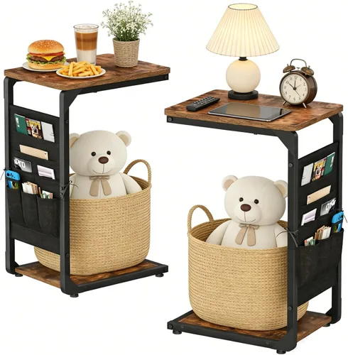 Miniatura 10 de Bandejas de TV con pedestal de madera para comer en mesas de sofá que se deslizan por debajo, mesa auxiliar en forma de C, mesa auxiliar para sofá