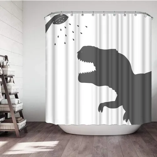 Miniatura 2 de Cortina de ducha de tela de dinosaurio de animales, silueta de dinosaurio, impermeable, juego de baño de tela de poliéster con ganchos, decoración
