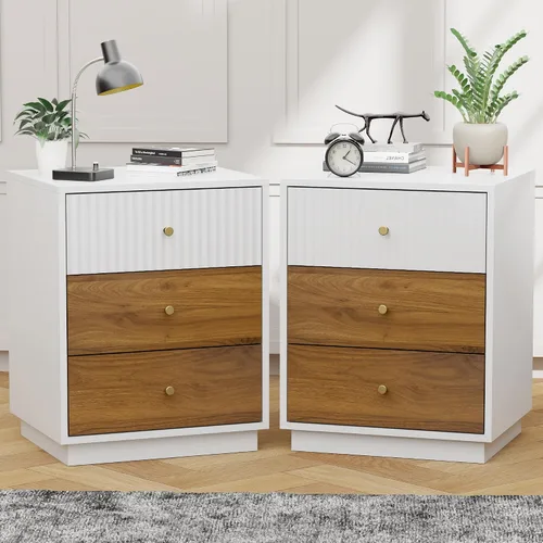 Miniatura 8 de Mesita de noche acanalada, 23.7 pulgadas de ancho con 3 cajones, moderna mesita de noche de mediados de siglo con asas, mesa auxiliar de madera