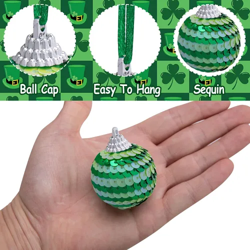 Miniatura 3 de Watayo 24 bolas de lentejuelas para el día de San Patricio, bolas colgantes de trébol verde, adornos de trébol de la suerte para decoración