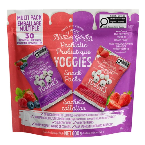 Nature's Garden Probiotic Yoggies - Paquete múltiple de 21 onzas (fresa 15 x 0.7 onzas + bayas mixtas de 15 x 0.7 onzas) aperitivo saludable