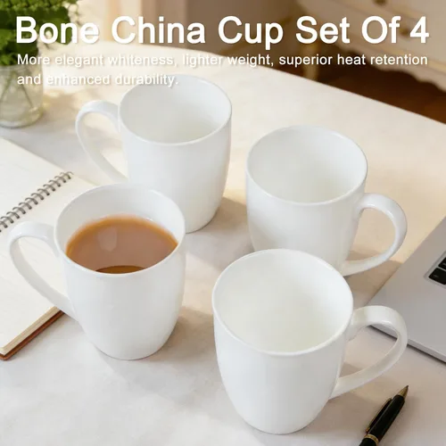 Miniatura 5 de Juego de 4 tazas de café en blanco de porcelana bone china fina blanca lisa, tazas de té de 11 oz con asa grande, tazas de café de cerámica ligeras