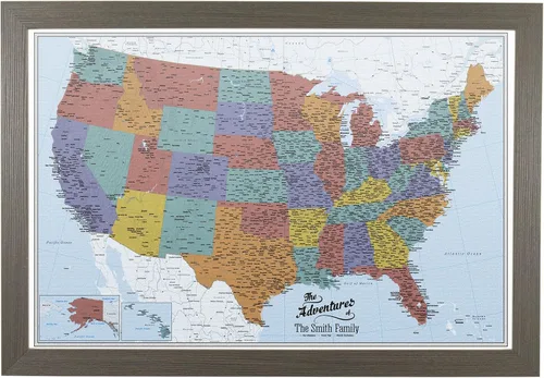Push Pin Travel Maps Lienzo personalizado Blue Oceans USA con marco gris de madera de granero