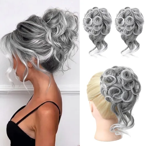 Miniatura 33 de HOOJIH 2 piezas de moño despeinado, recogido despeinado con mechones, extensiones de moño de cabello ondulado rizado, envoltorio de cabello, cola