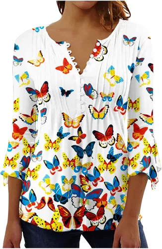 Miniatura 39 de Ceboyel Blusa tipo túnica con estampado floral para mujer, con botones, estilo Henley, con manga de codo, casual, trajes de moda para mujer
