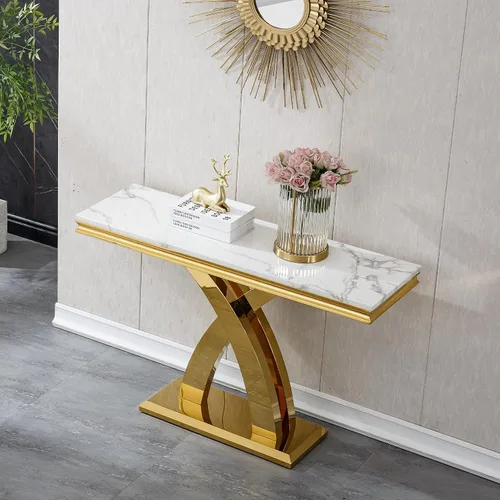 Miniatura 49 de SSLine Mesa de Centro Rectangular de Mármol Sintético para Sala de Estar, Mesa Central Moderna de Mármol Blanco de Lujo con Base Doble en Forma de U